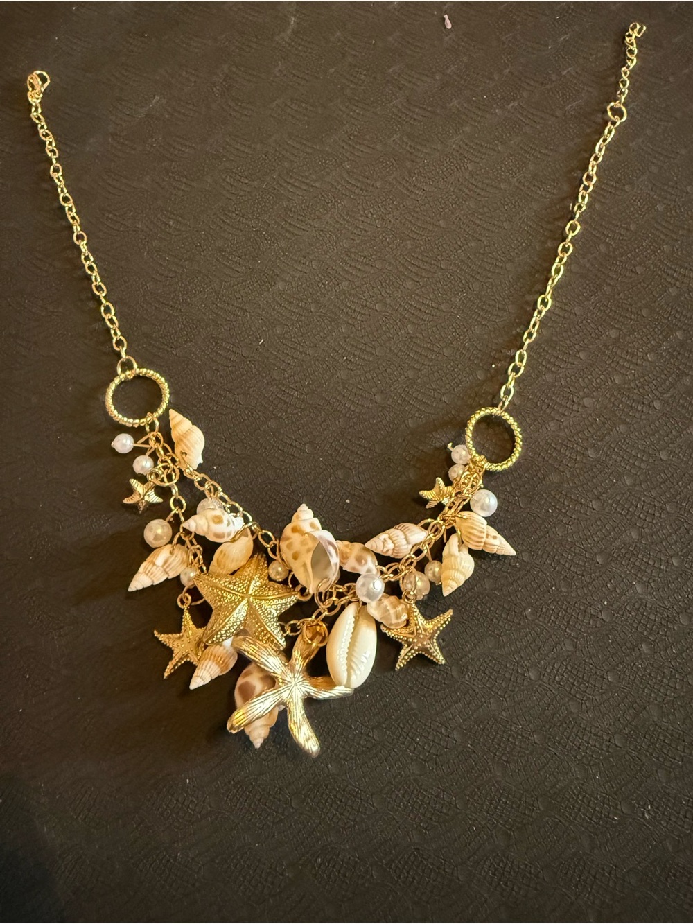 Gold Toned Seashell & Starfish Charm Necklace - Beach-Inspired Jewelry2